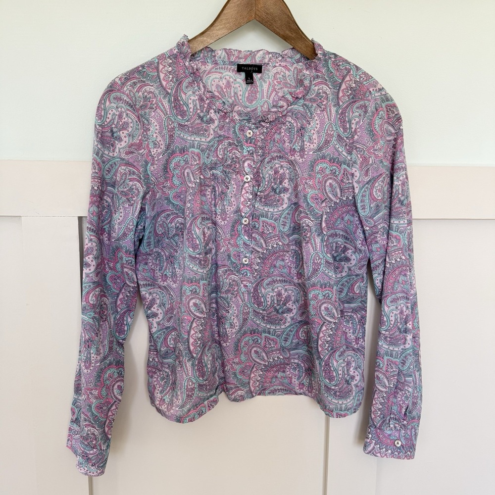 Talbots Paisley Pintuck Popover Top Women's Large Pastel 100% Cotton Lightweight
